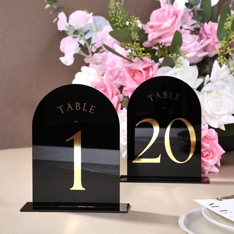 Table Number Gold - ตัวเลขโต๊ะอะคริลิคโค้งสำหรับงานแต่งงานที่กลางและตกแต่งโต๊ะการ์ดตัวเลขโต๊ะสีดำและสีทอง